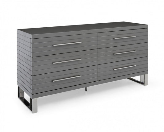 59" Grey Solid And Manufactured Wood Six Drawer Dresser