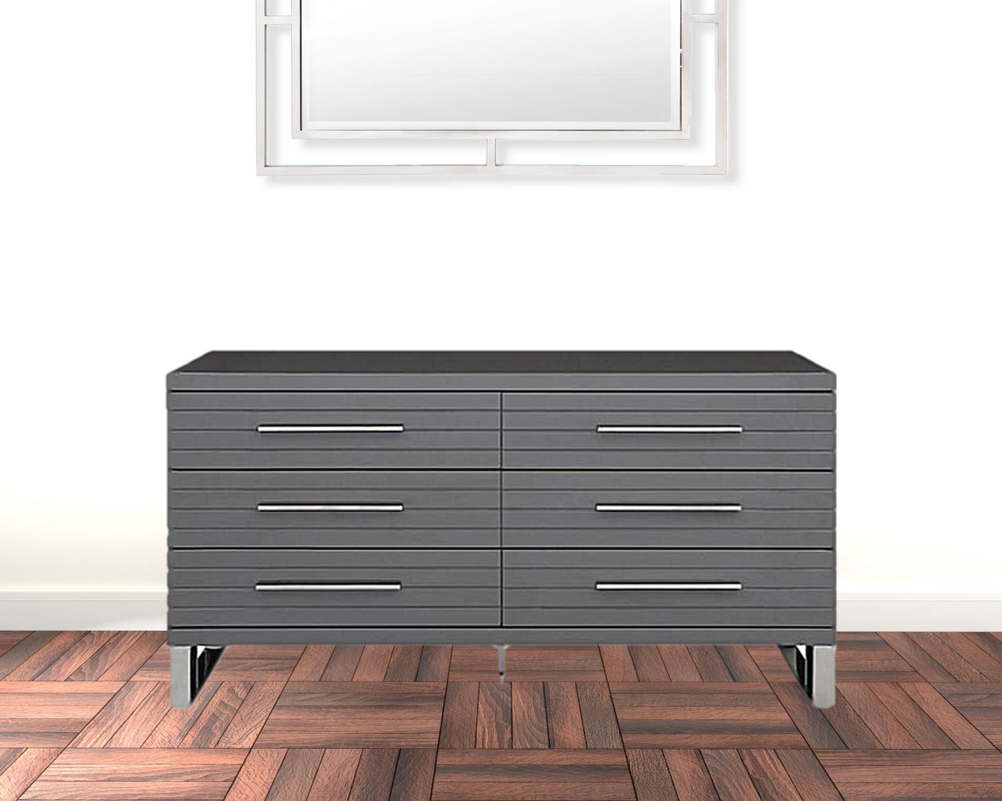 59" Grey Solid And Manufactured Wood Six Drawer Dresser