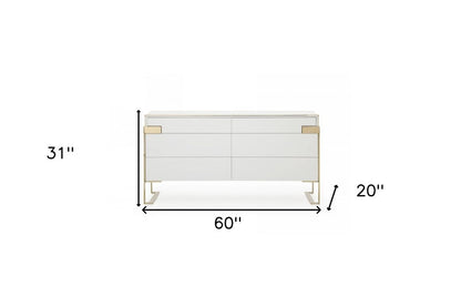 60" Gold And White Wood Six Drawer Double Dresser