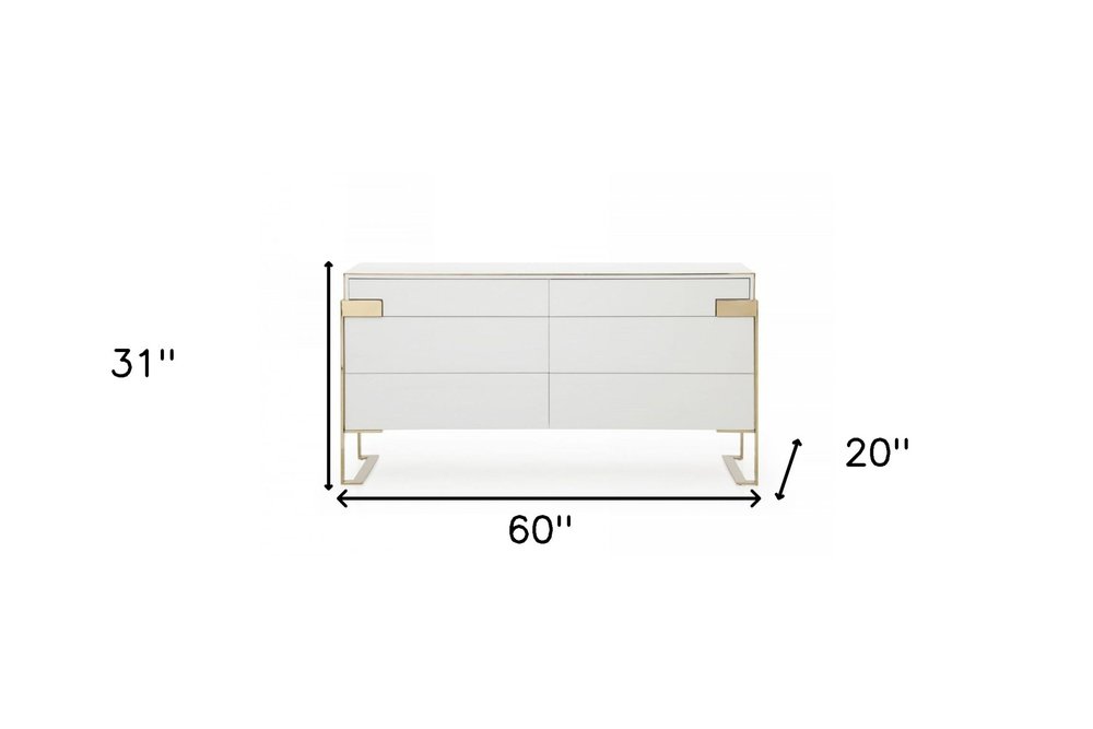 60" Gold and White Solid and Manufactured Wood Six Drawer Double Dresser HomeRoots