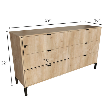 59" Light Natural Manufactured Wood with Black Six Drawer Double Dresser