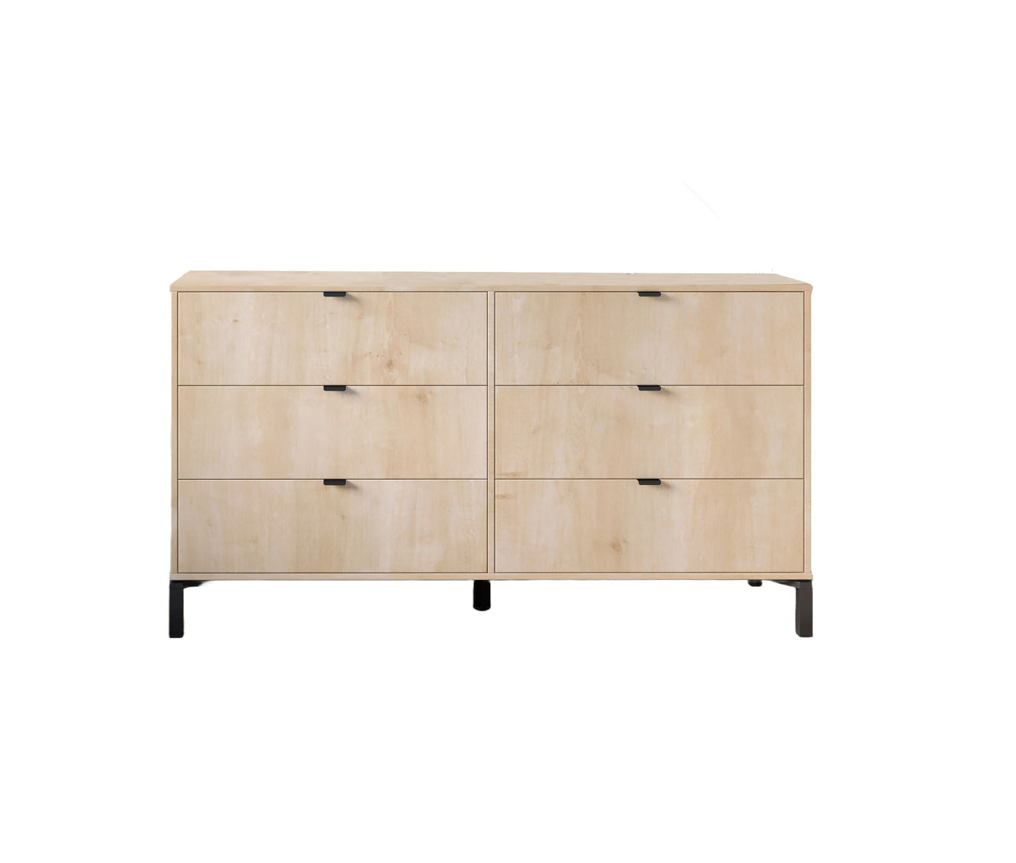 59" Light Natural Manufactured Wood with Black Six Drawer Double Dresser