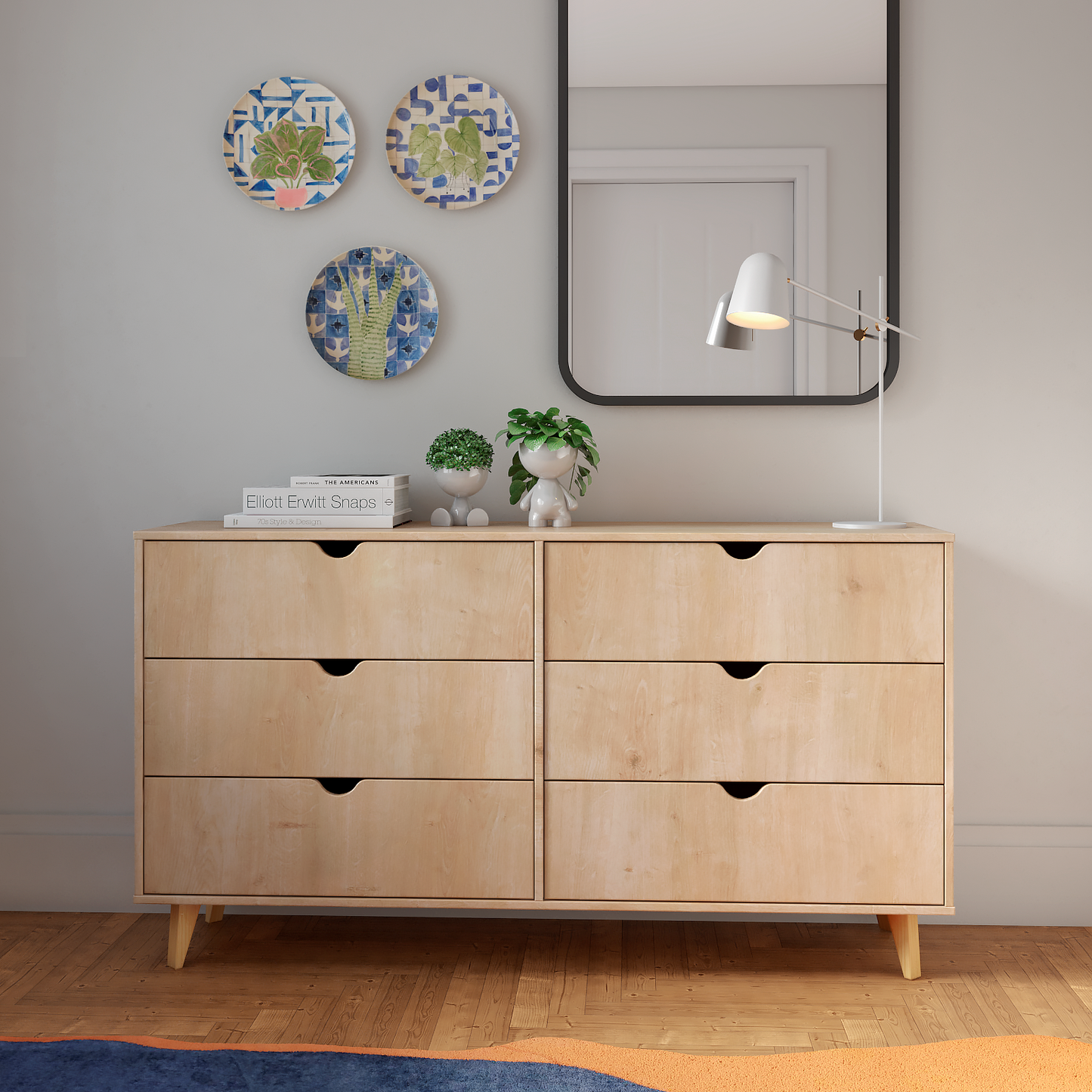 59" Natural Scoop Handle Six Drawer Double Dresser