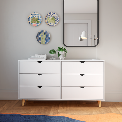 59" White Scoop Handle Six Drawer Double Dresser