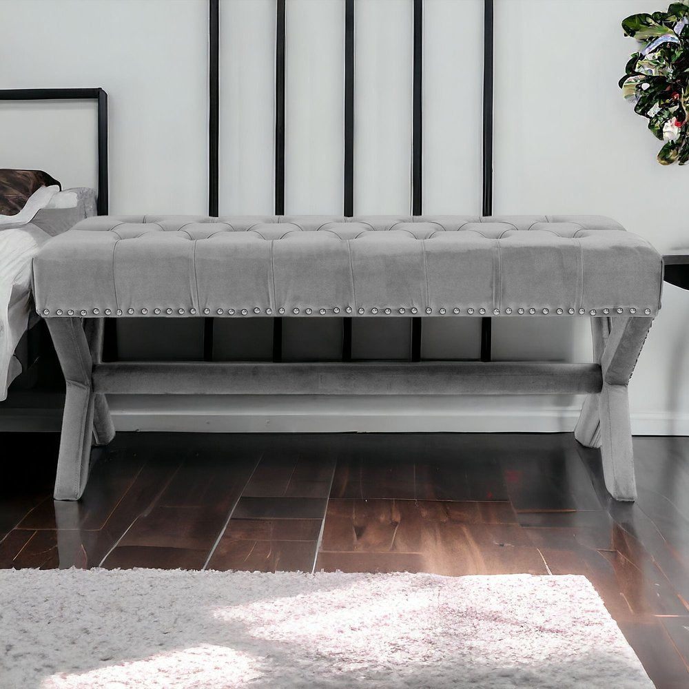 45" Gray Upholstered Velvet Bench HomeRoots