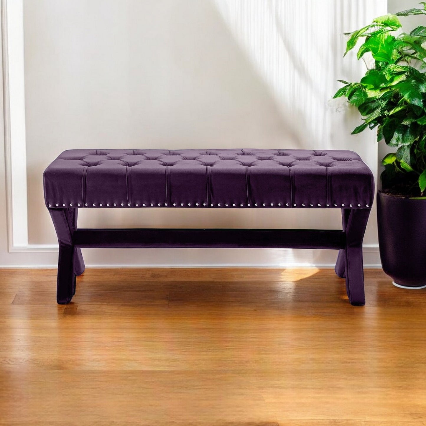 45" Plum Velvet Upholstered Bench