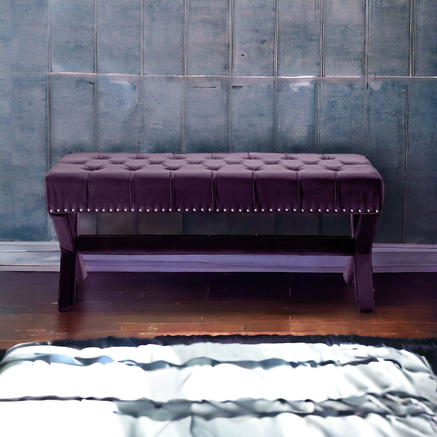 45" Plum Velvet Upholstered Bench