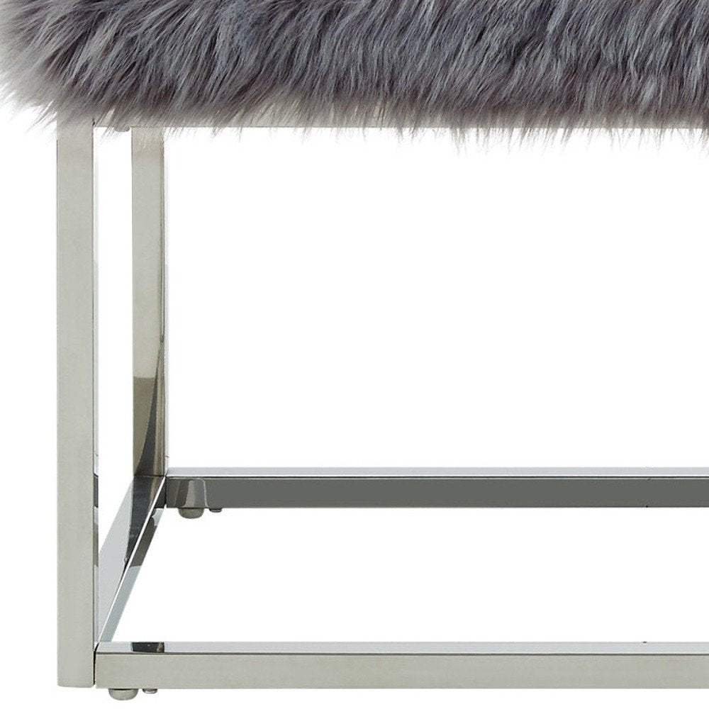 40" Gray And Silver Upholstered Faux Fur Bench HomeRoots