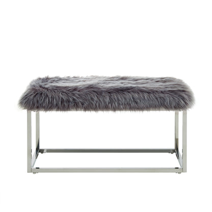 40" Gray And Silver Upholstered Faux Fur Bench