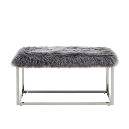 40" Gray And Silver Upholstered Faux Fur Bench HomeRoots