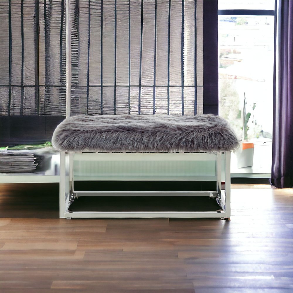 40" Gray And Silver Upholstered Faux Fur Bench HomeRoots