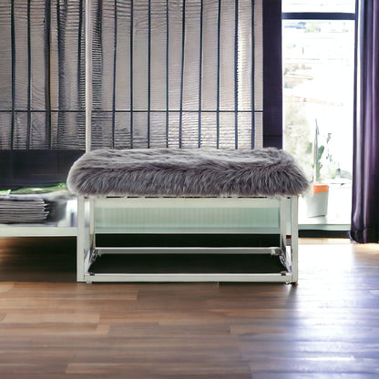 40" Gray And Silver Upholstered Faux Fur Bench HomeRoots