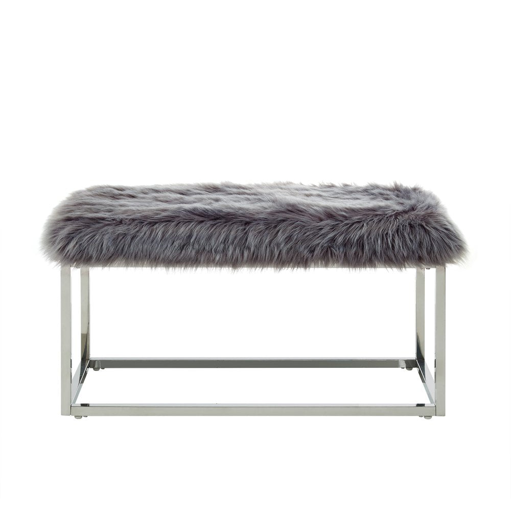 40" Gray And Silver Upholstered Faux Fur Bench HomeRoots