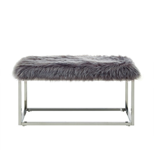 40" Gray And Silver Upholstered Faux Fur Bench HomeRoots