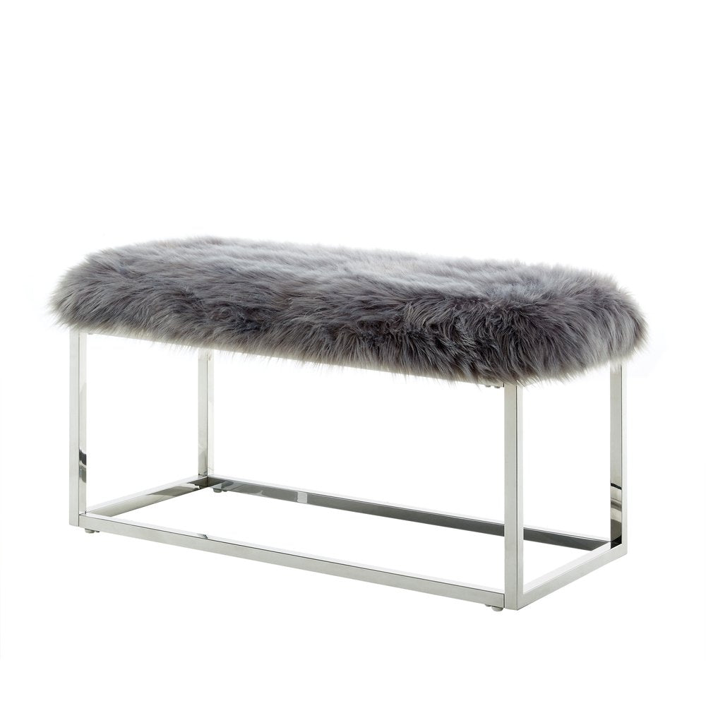 40" Gray And Silver Upholstered Faux Fur Bench HomeRoots