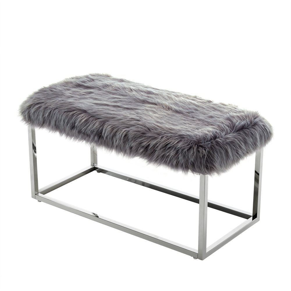 40" Gray And Silver Upholstered Faux Fur Bench HomeRoots