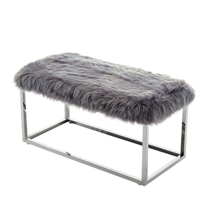 40" Gray And Silver Upholstered Faux Fur Bench HomeRoots