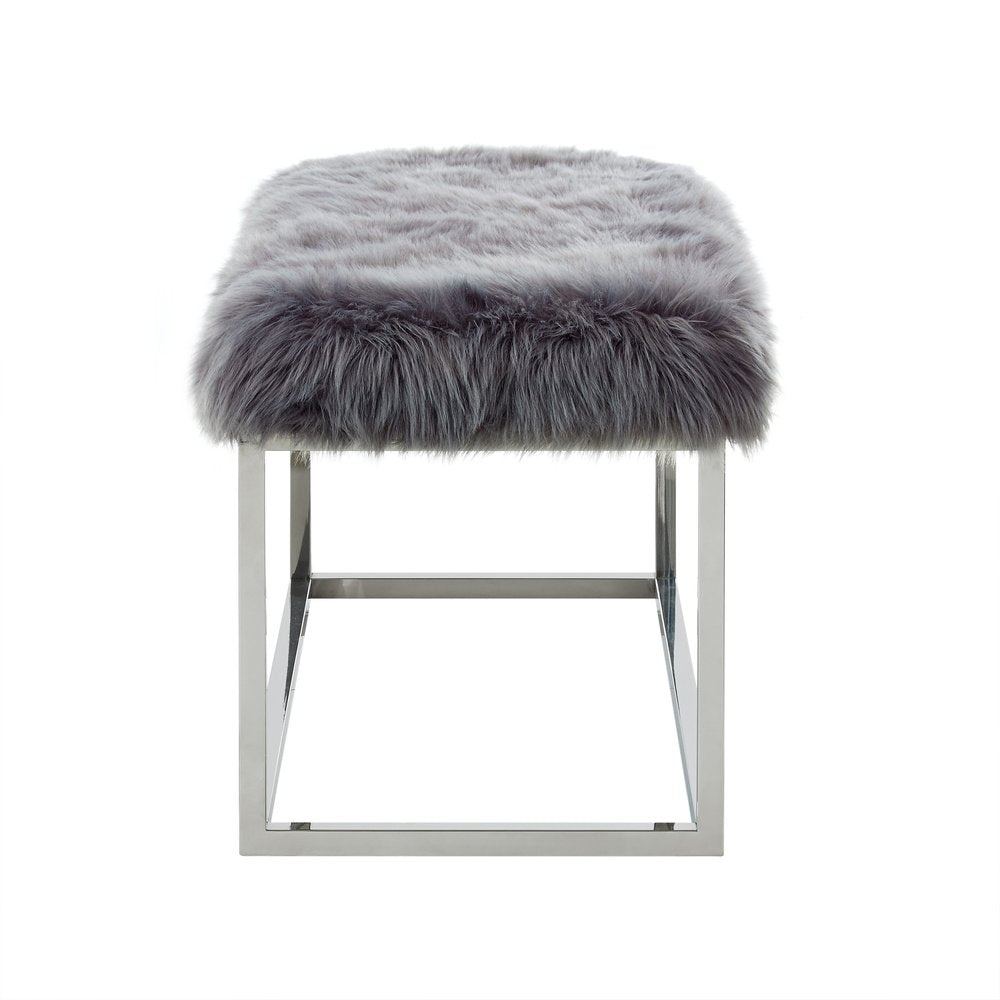 40" Gray And Silver Upholstered Faux Fur Bench HomeRoots