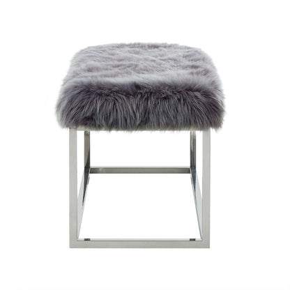 40" Gray And Silver Upholstered Faux Fur Bench HomeRoots