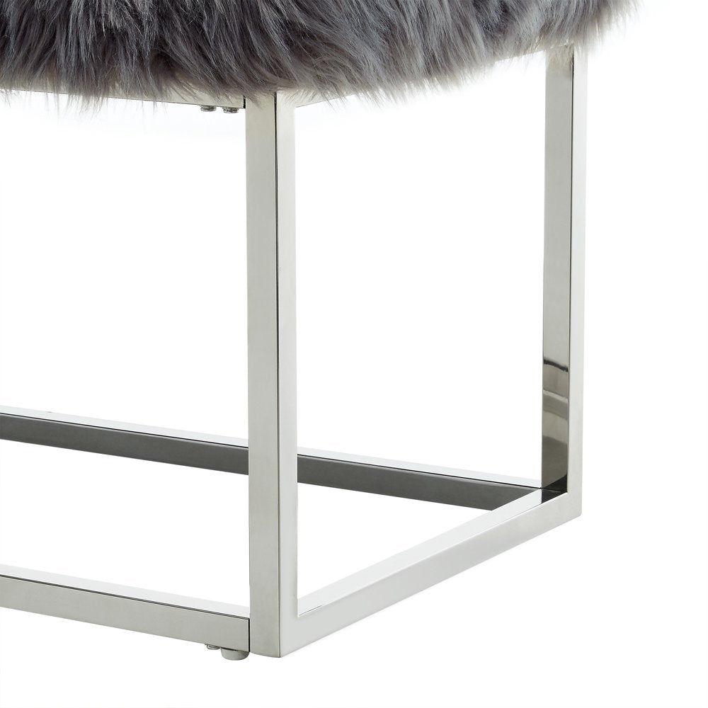 40" Gray And Silver Upholstered Faux Fur Bench HomeRoots