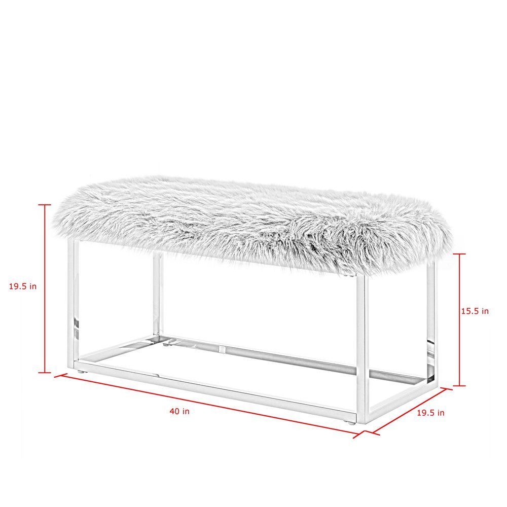 40" Gray And Silver Upholstered Faux Fur Bench HomeRoots