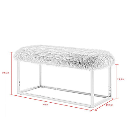 40" Gray And Silver Upholstered Faux Fur Bench HomeRoots