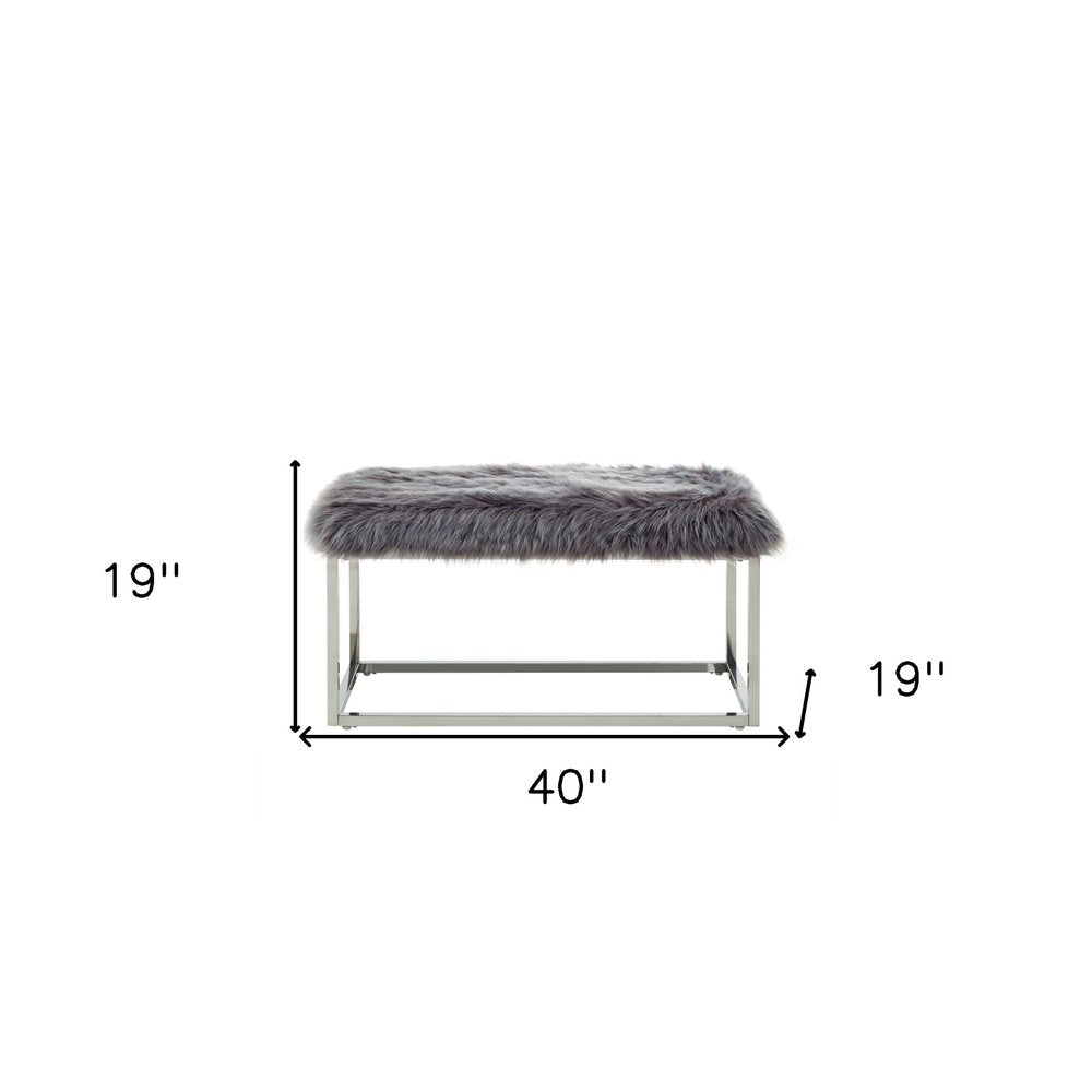 40" Gray And Silver Upholstered Faux Fur Bench HomeRoots