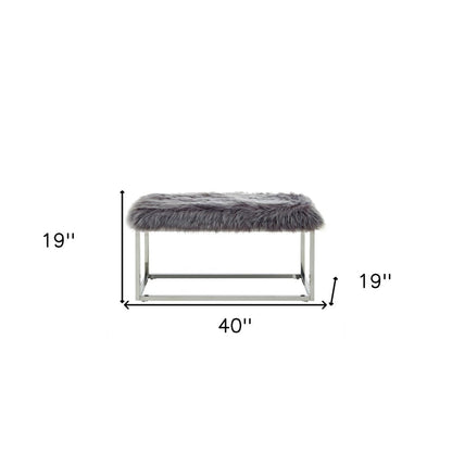 40" Gray And Silver Upholstered Faux Fur Bench HomeRoots