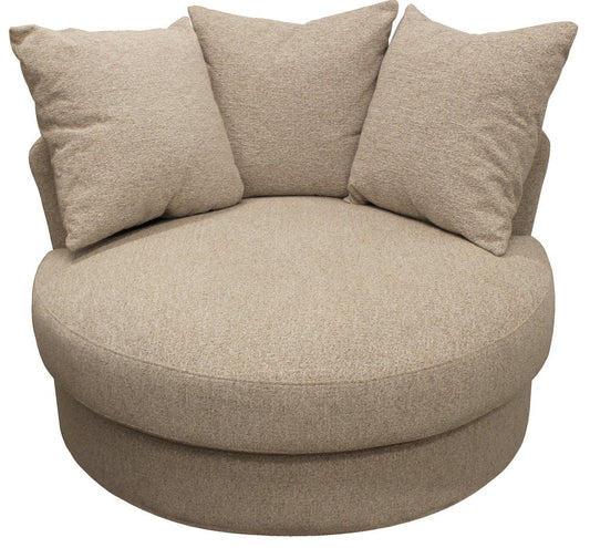 44" Sand Linen Upholstered Swivel Round Accent Chair And Toss Pillows HomeRoots