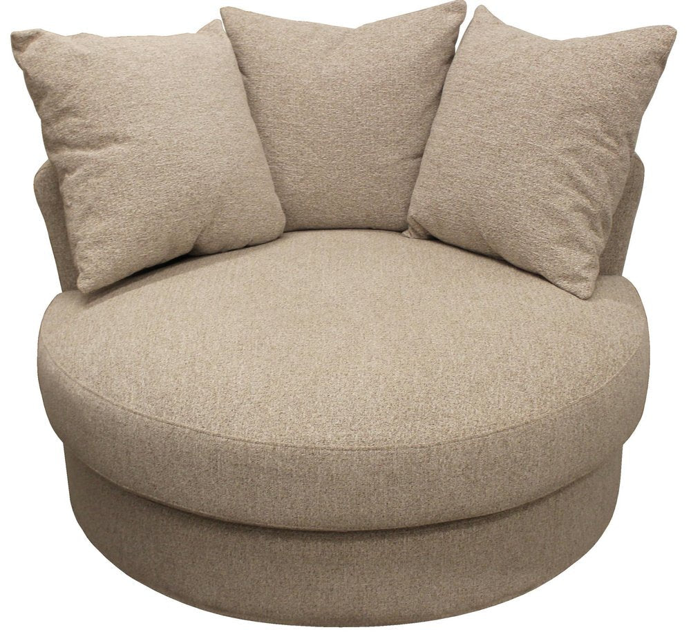 44" Sand Linen Upholstered Swivel Round Accent Chair And Toss Pillows — view 1