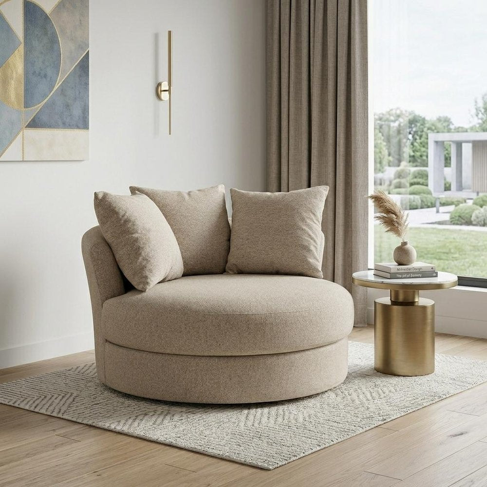 44" Sand Linen Upholstered Swivel Round Accent Chair And Toss Pillows HomeRoots