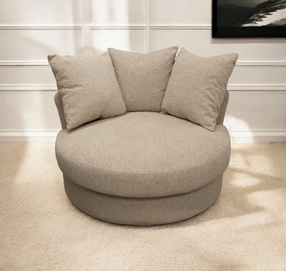 44" Sand Linen Upholstered Swivel Round Accent Chair And Toss Pillows HomeRoots