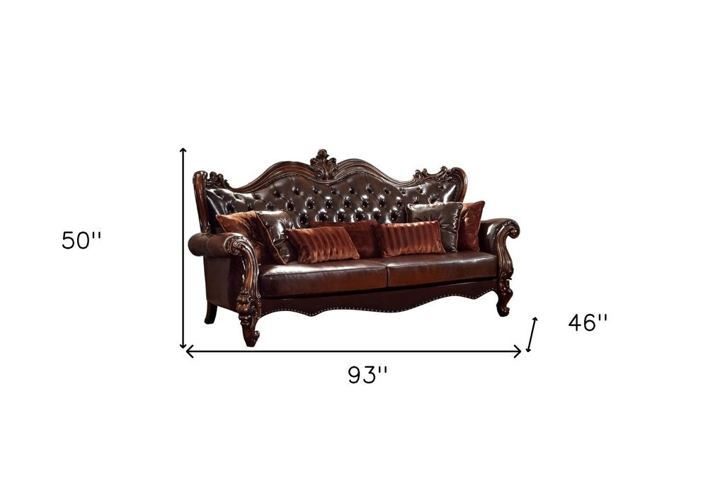 93" Brown Faux Leather Sofa And Toss Pillows With Burgundy Legs HomeRoots