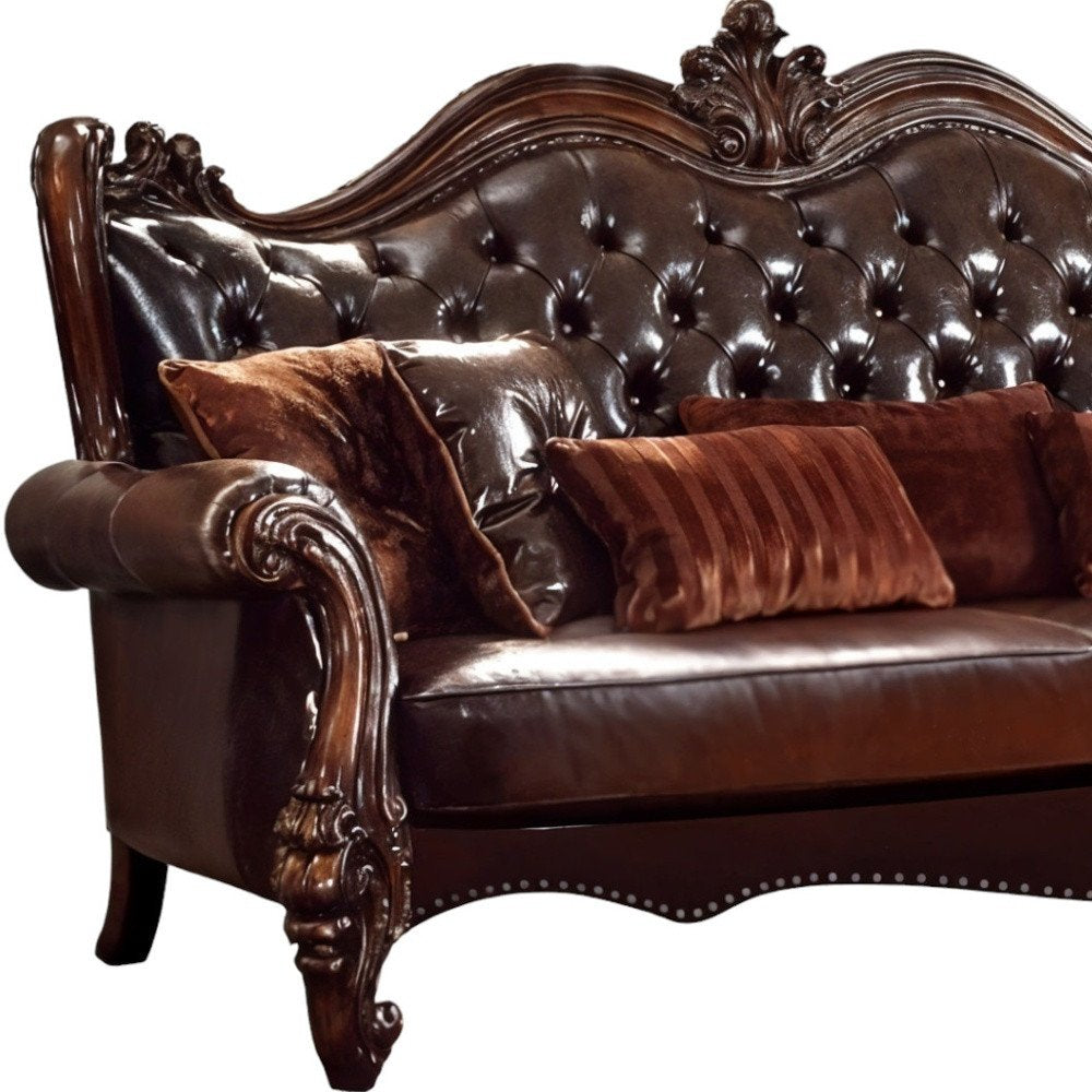 93" Brown Faux Leather Sofa And Toss Pillows With Burgundy Legs HomeRoots