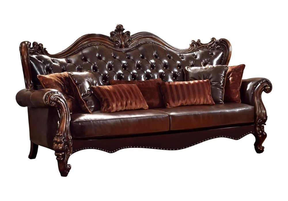 93" Brown Faux Leather Sofa And Toss Pillows With Burgundy Legs HomeRoots
