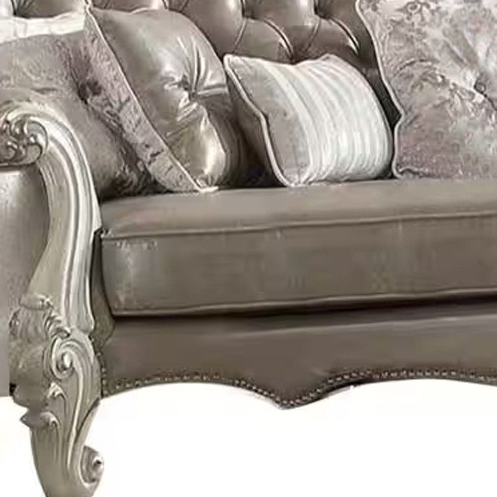 90" Gray Faux Leather Curved Sofa And Toss Pillows With Bone Legs HomeRoots