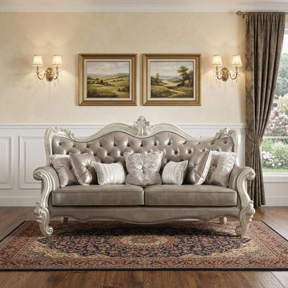 90" Gray Faux Leather Curved Sofa And Toss Pillows With Bone Legs HomeRoots