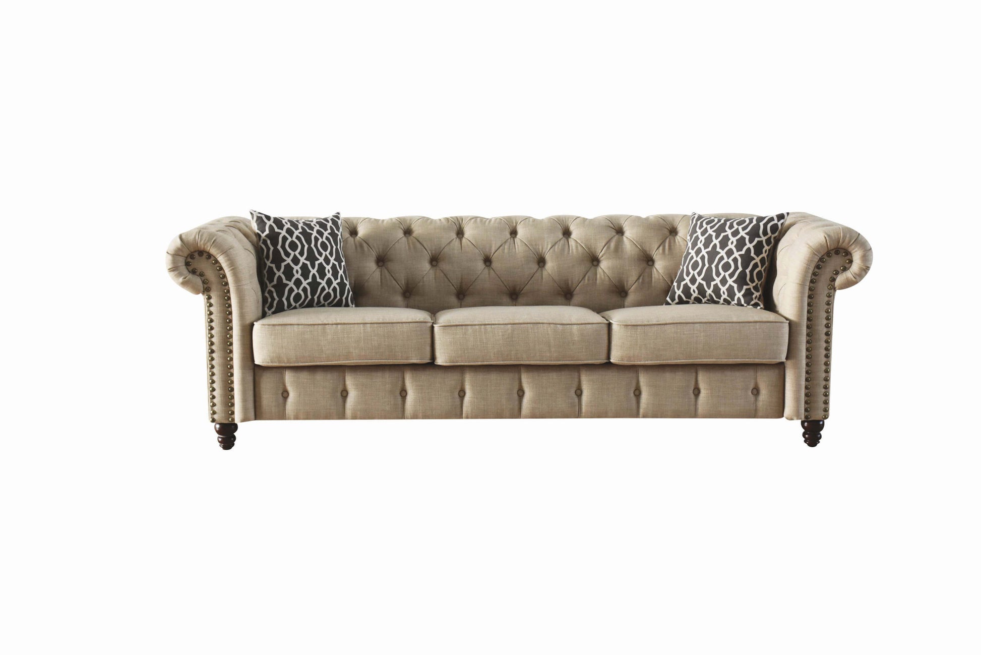 90" Beige Linen And Black Sofa With Two Toss Pillows - FurniFindUSA