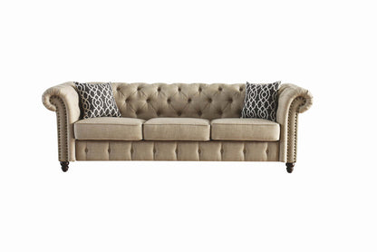 90" Beige Linen And Black Sofa With Two Toss Pillows - FurniFindUSA
