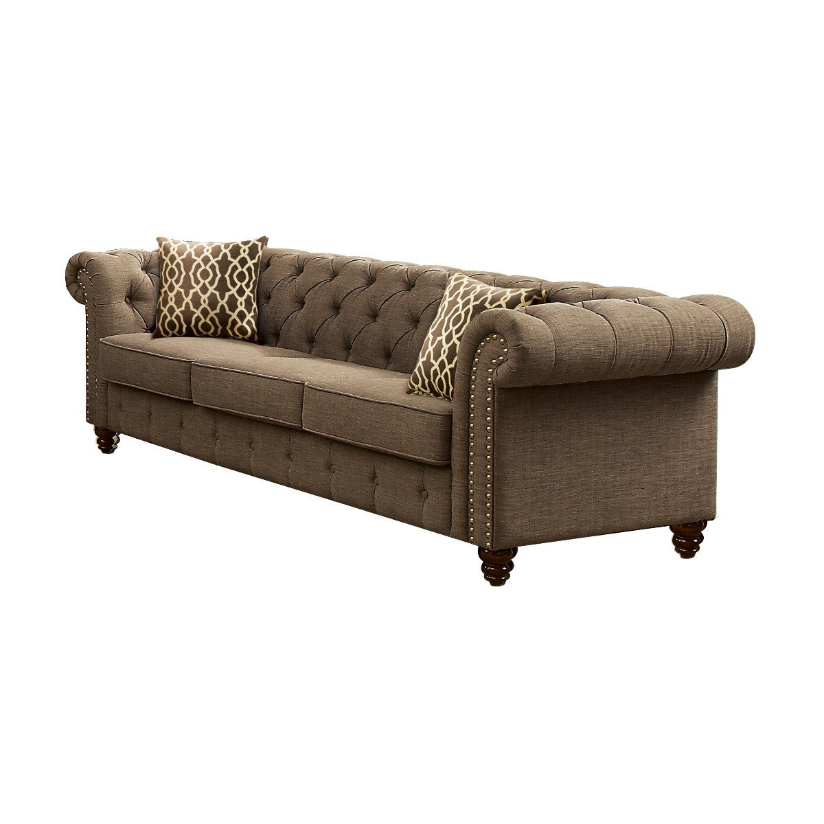 90" Brown Linen Sofa And Toss Pillows With Black Legs