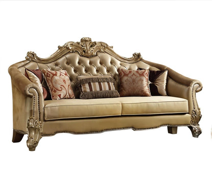 89" Bone Faux Leather Sofa And Toss Pillows With Gold Legs HomeRoots
