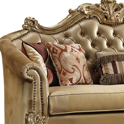 89" Bone Faux Leather Sofa And Toss Pillows With Gold Legs HomeRoots