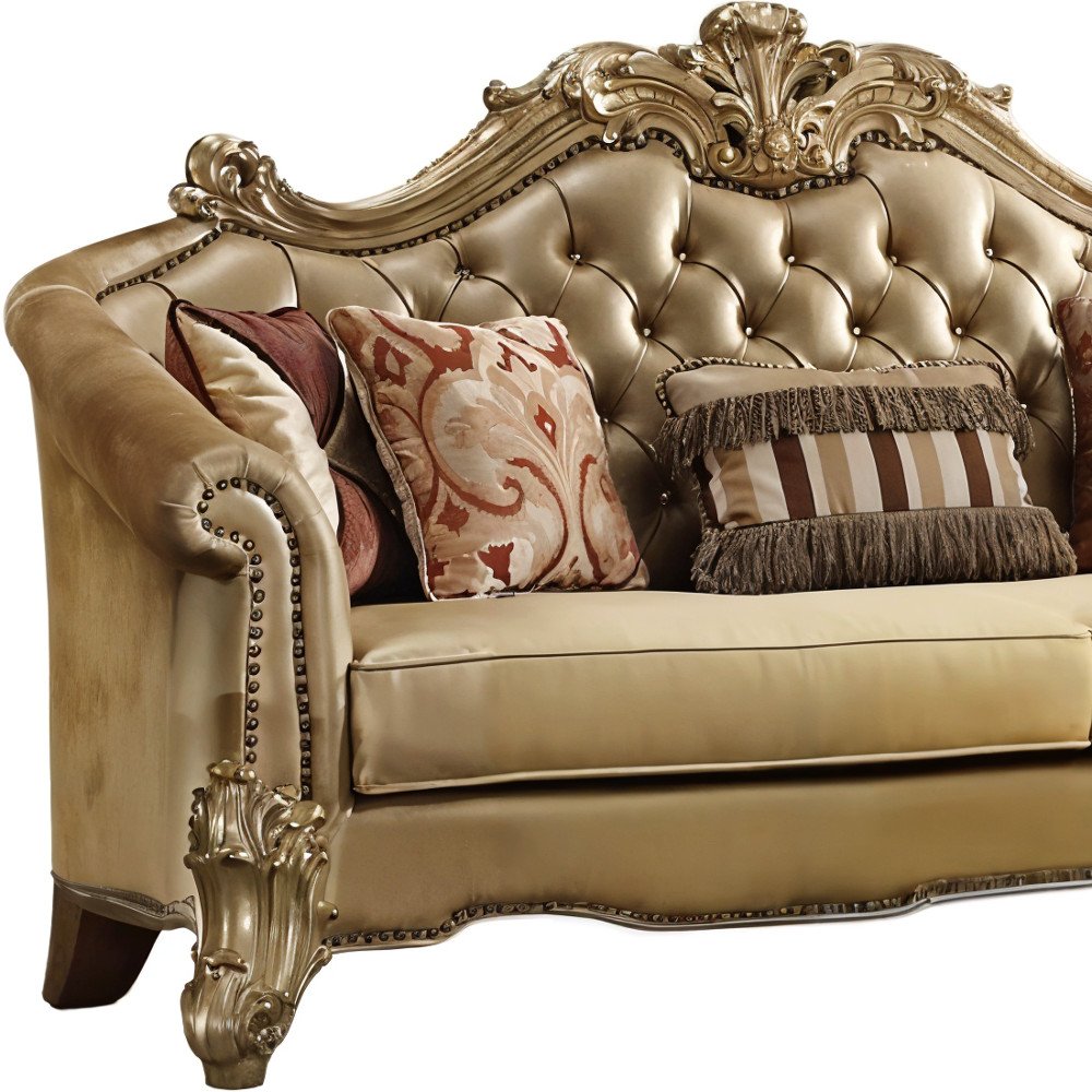 89" Bone Faux Leather Sofa And Toss Pillows With Gold Legs HomeRoots