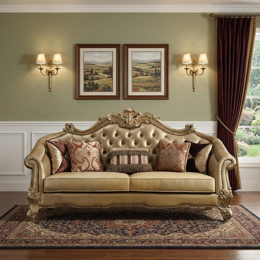 89" Bone Faux Leather Sofa And Toss Pillows With Gold Legs HomeRoots