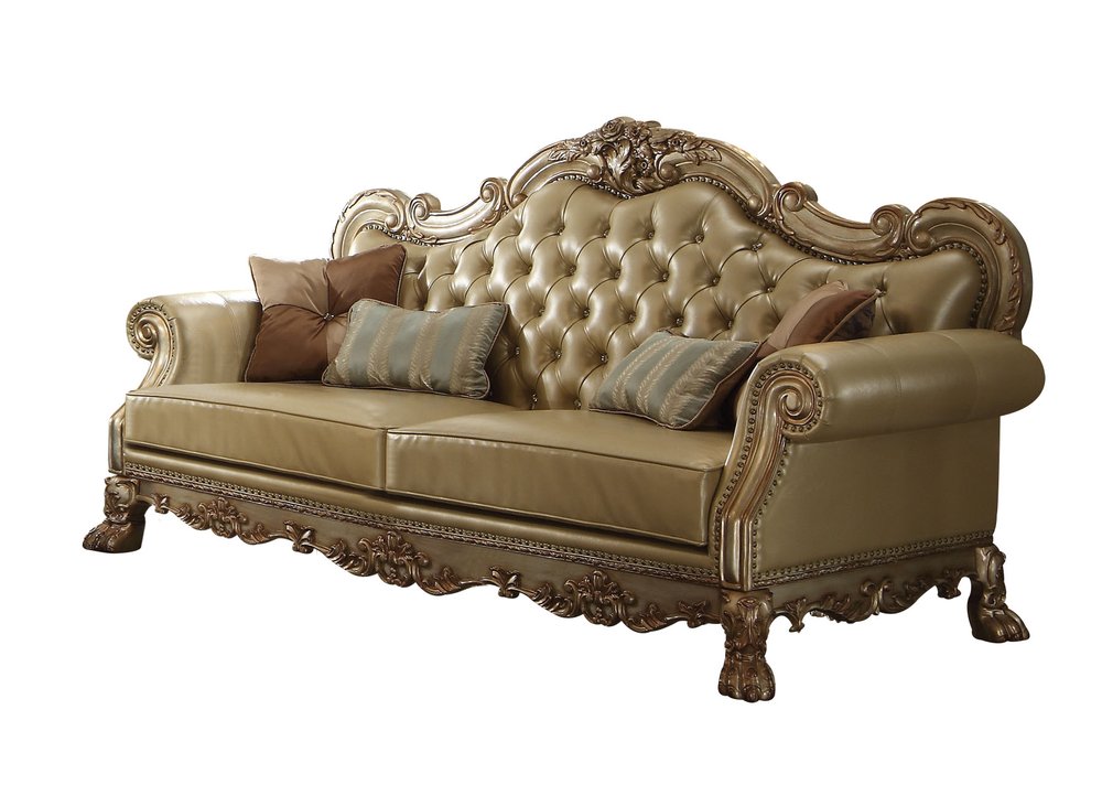 85" Bone Faux Leather Wood Sofa With Toss Pillows HomeRoots