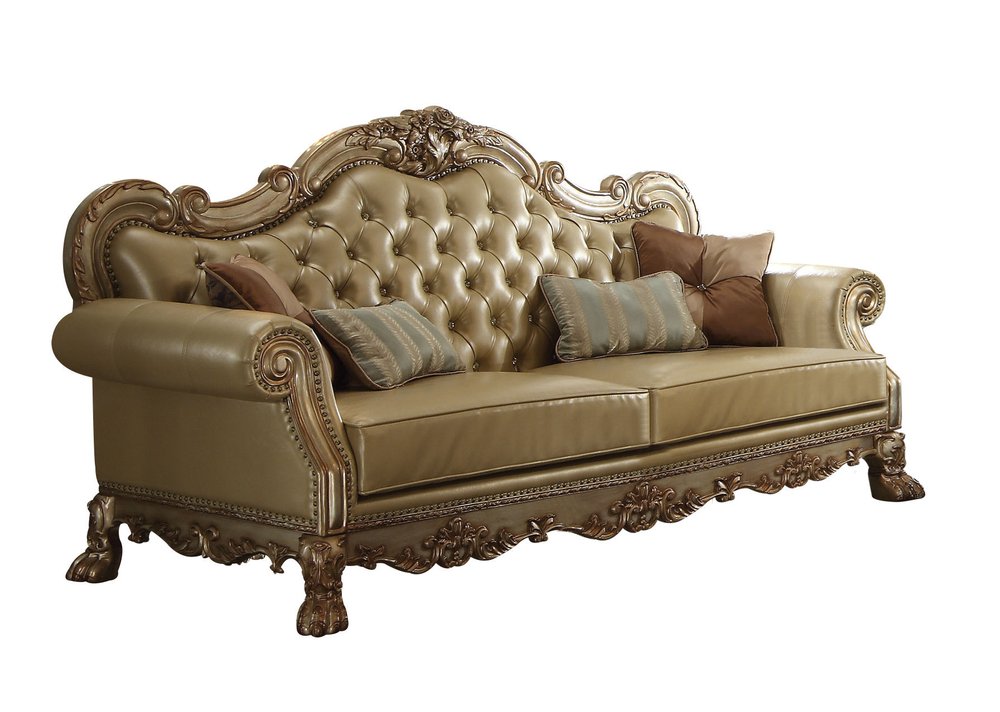 85" Bone Faux Leather Wood Sofa With Toss Pillows HomeRoots