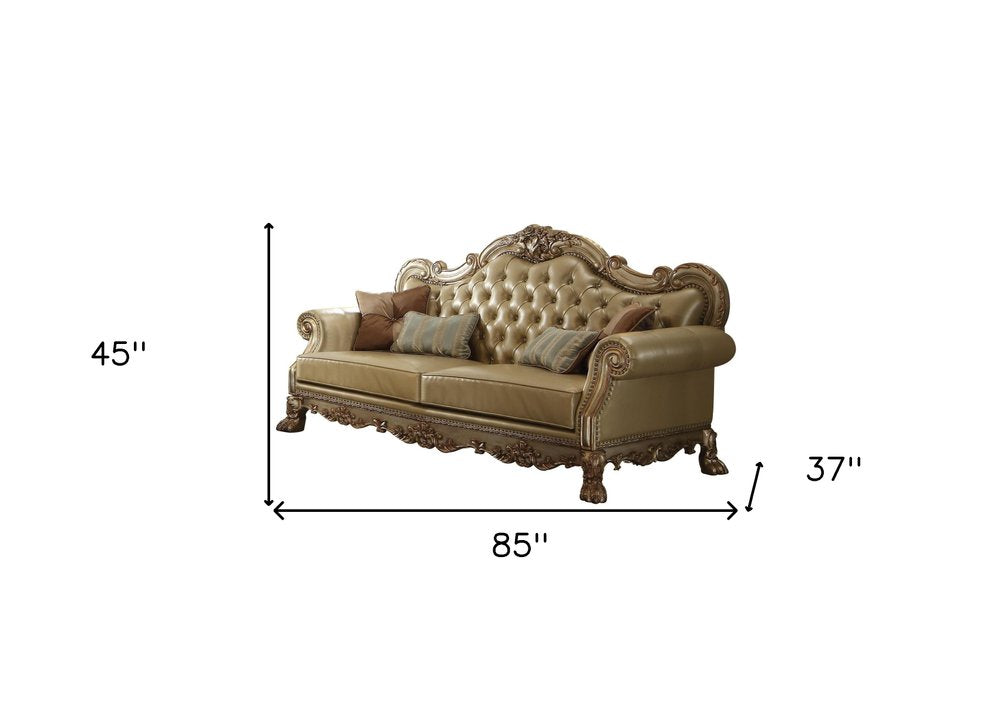 85" Bone Faux Leather Wood Sofa With Toss Pillows HomeRoots