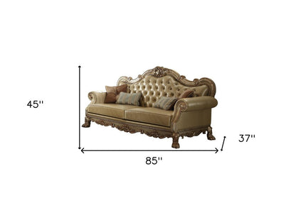 85" Bone Faux Leather Wood Sofa With Toss Pillows HomeRoots