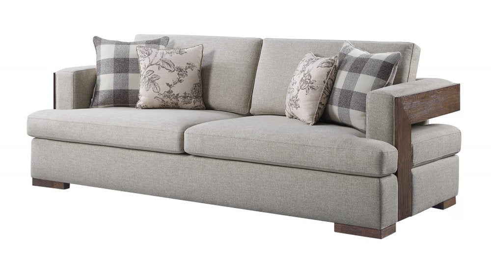 92" Beige Fabric Sofa And Toss Pillows With Brown Legs HomeRoots