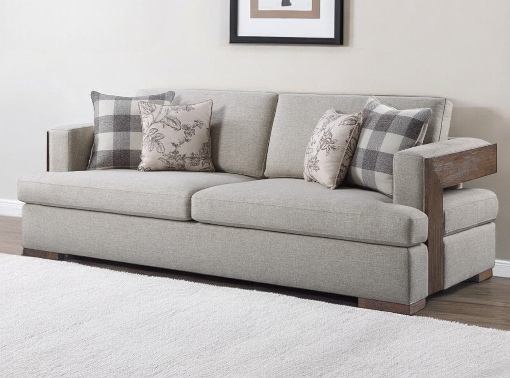 92" Beige Fabric Sofa And Toss Pillows With Brown Legs HomeRoots